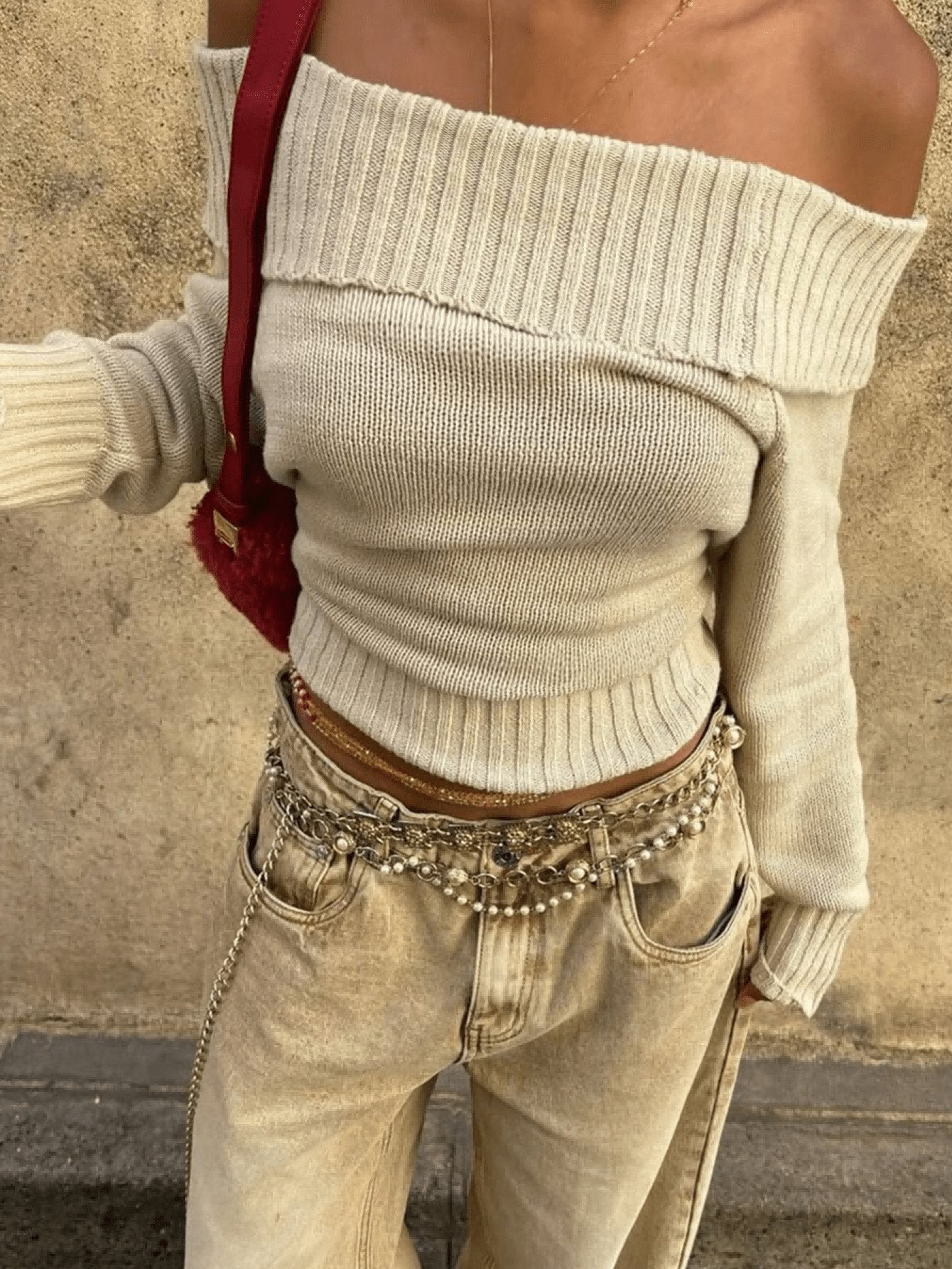 Off Shoulder Folded Collar Sweater