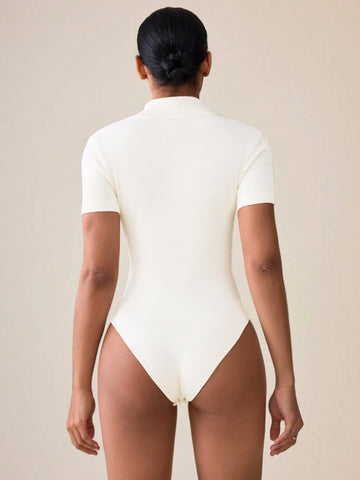 Ribbed Zip Front Short Sleeve Bodysuit
