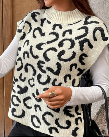 Leopard Print Mock Neck Sweater Vest