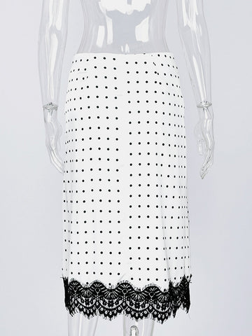 Polka Dot Lace Trim Midi Skirt