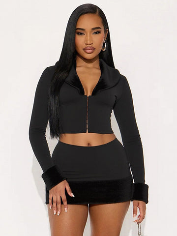 Faux Fur Trim Skirt Set
