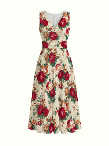 CORINNE
Floral Print V Neck A Line Midi Dress