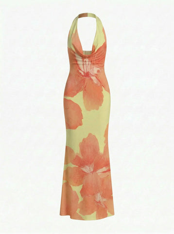 LILA Floral Print Cowl Neck Bodycon Midi Dress