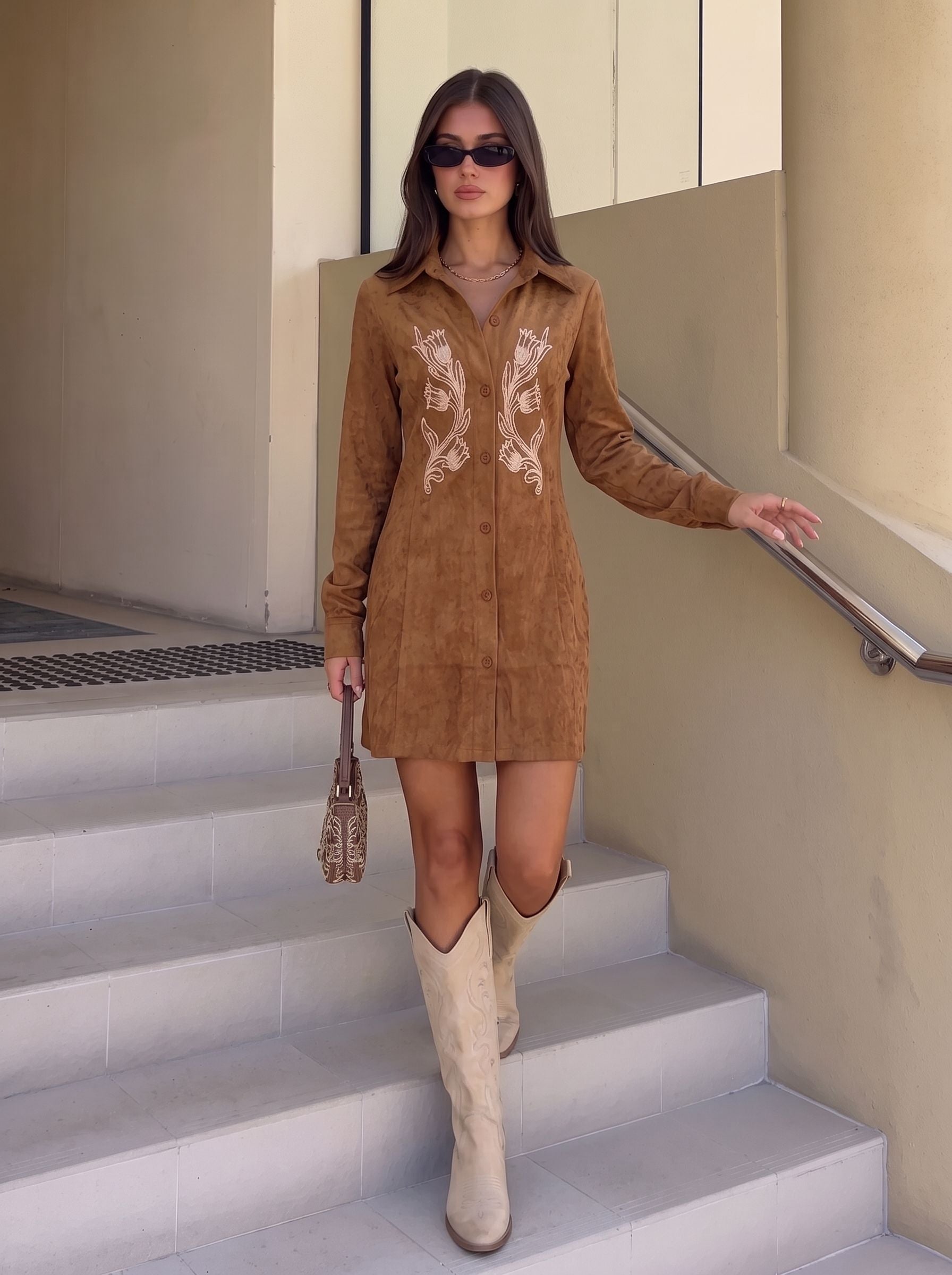 Embroidered Suede Button Down Mini Dress