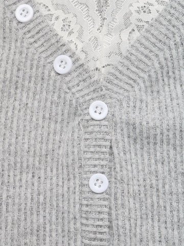 Lace Trim Ribbed Henley Tee