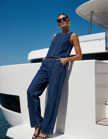 Sleeveless Denim Wide Leg Pant Set