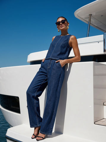 Sleeveless Denim Wide Leg Pant Set