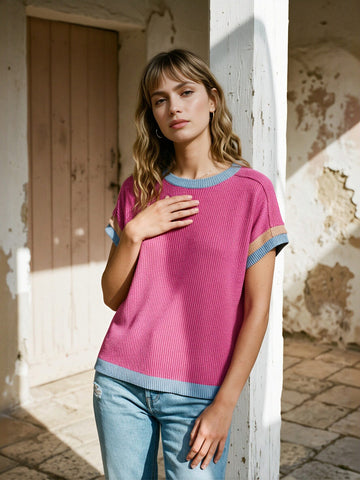 Ribbed Knit Color Block T-Shirt