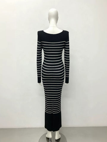 Striped Off Shoulder Ribbed Sweater Dress
