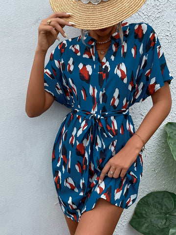 Printed Belted V Neck Dress