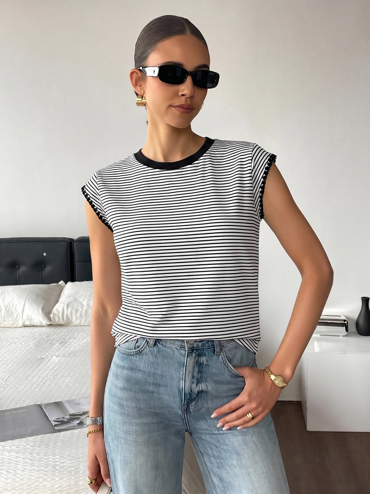 Lace Trim Striped Fitted T-Shirt