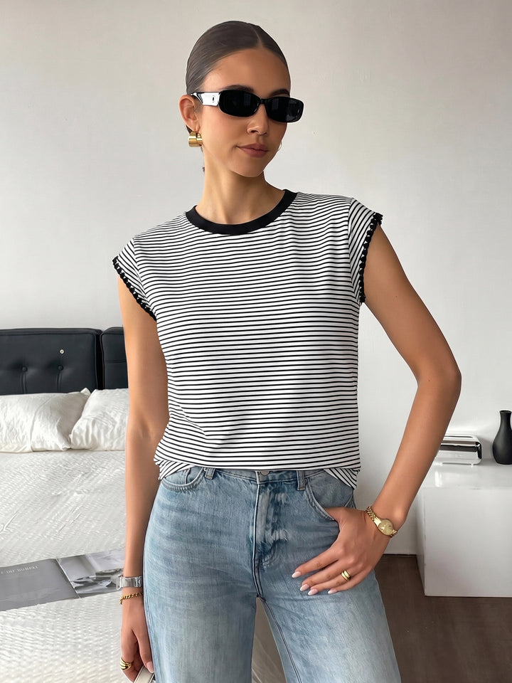 Lace Trim Striped Fitted T-Shirt