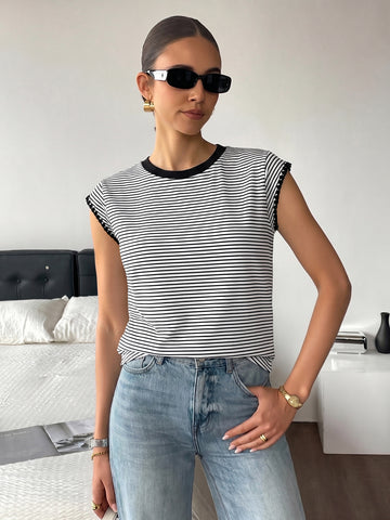 Lace Trim Striped Fitted T-Shirt