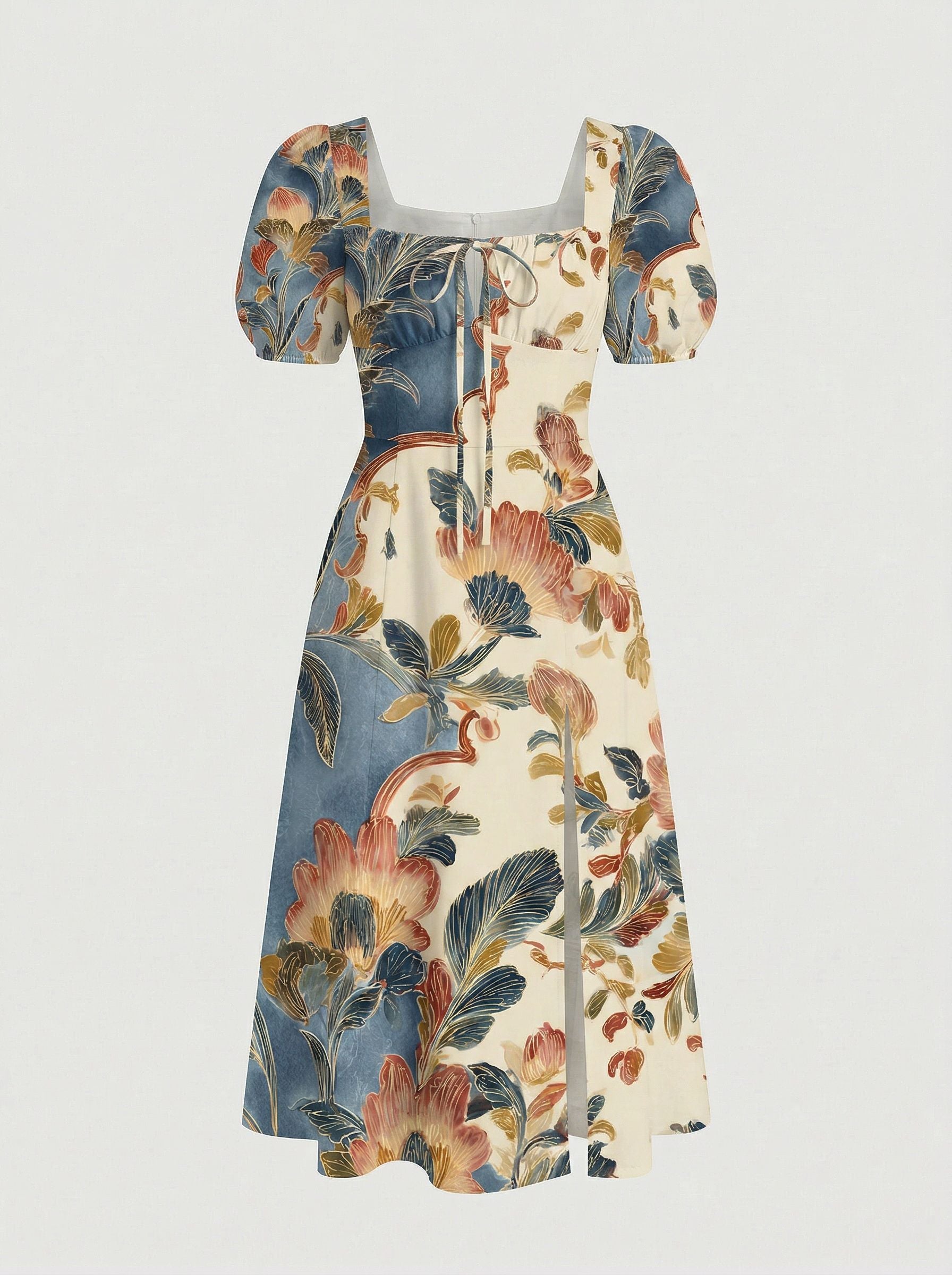 Floral Print Puff Sleeve Tie MidiDress