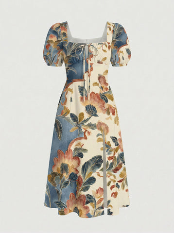 Floral Print Puff Sleeve Tie MidiDress