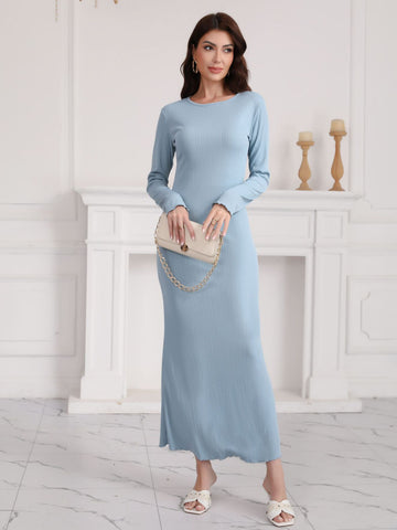 Round Neck Long Sleeve Bodycon Daily Maxi Dress-Blue