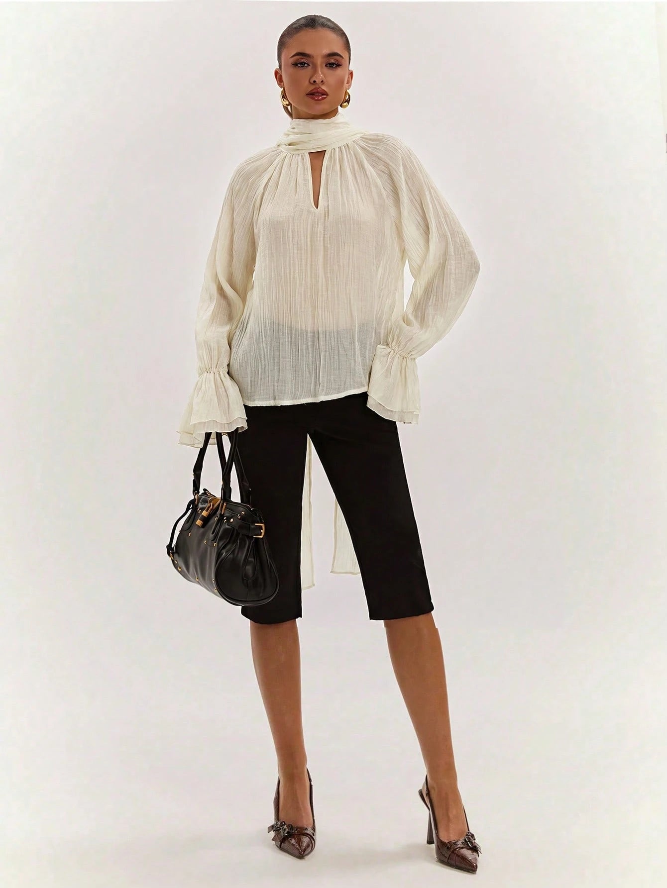 Elegant High Neck Bell Sleeve Blouse
