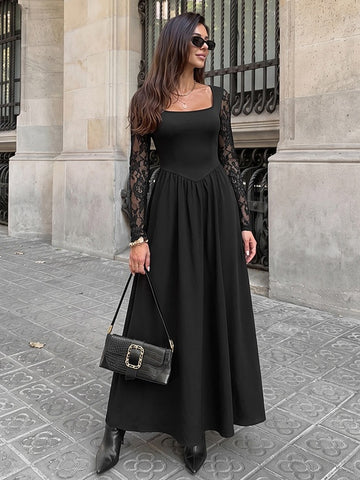 Elegant Lace Sleeve Square Neck Dress