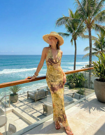 LILA Floral Print Cowl Neck Bodycon Midi Dress