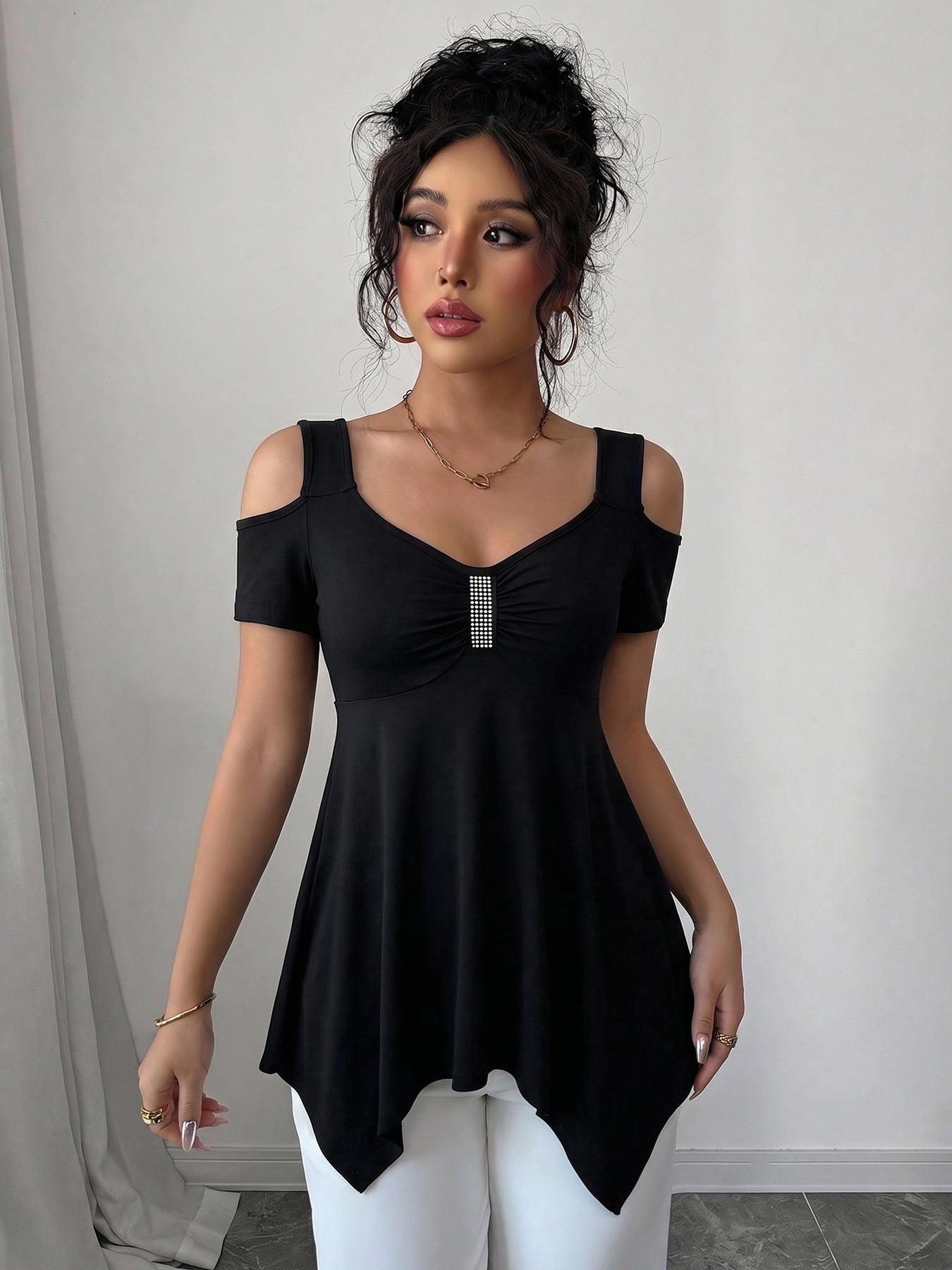 Cold Shoulder Embellished Peplum T-Shirt