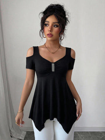 Cold Shoulder Embellished Peplum T-Shirt