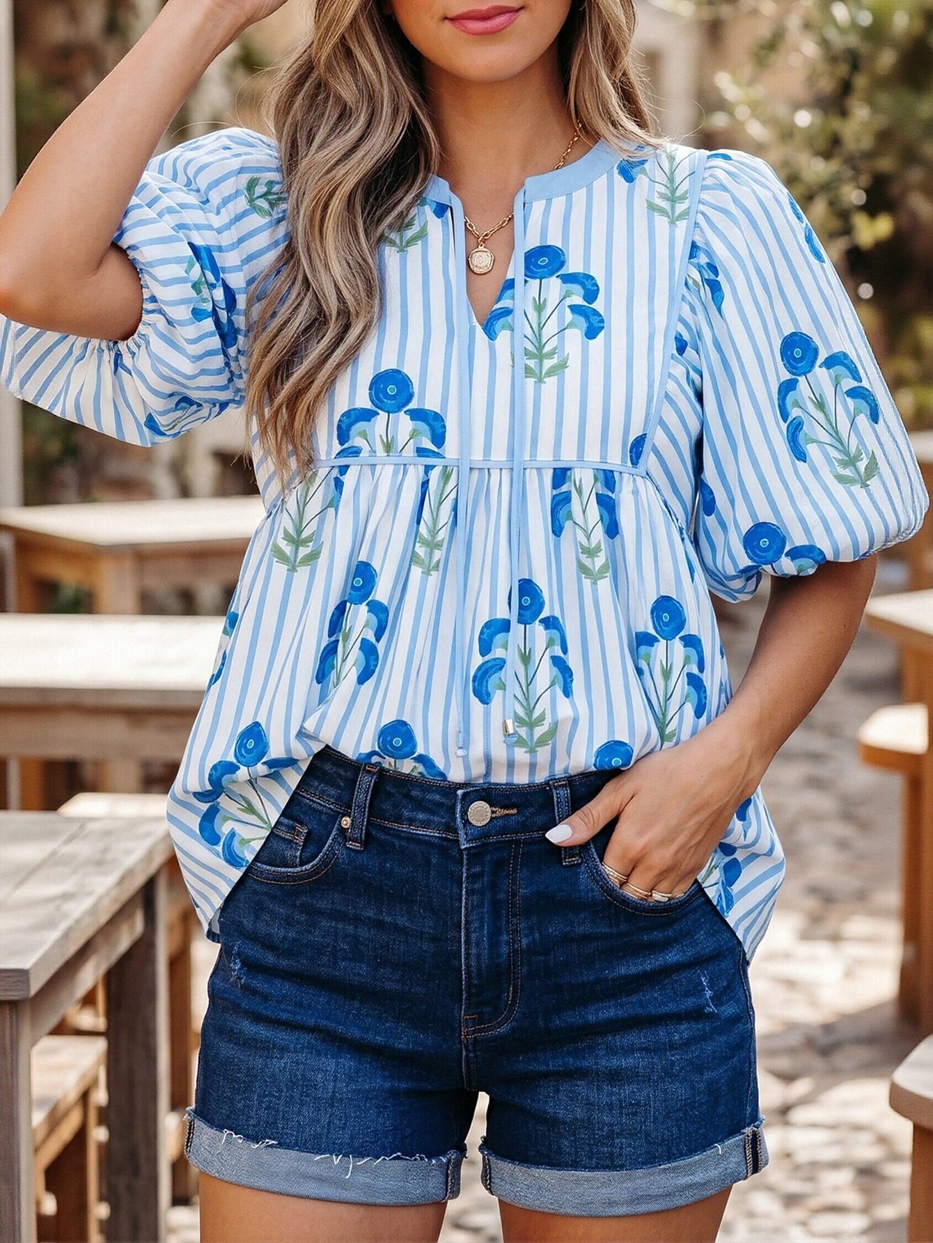 Floral Striped Puff Sleeve Blouse