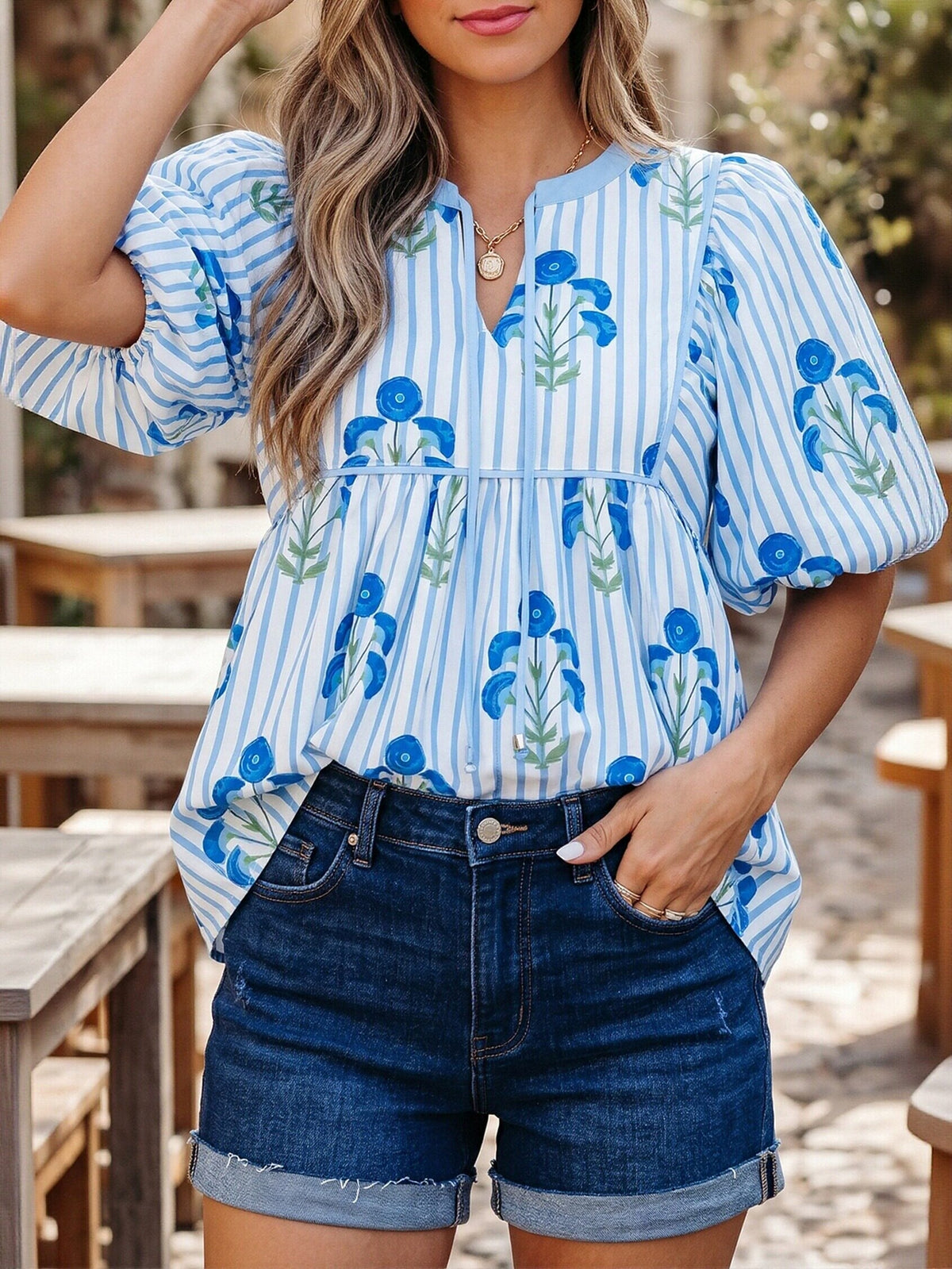 Floral Striped Puff Sleeve Blouse