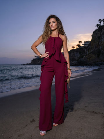 Elegant Ruffled Halter Pant Set