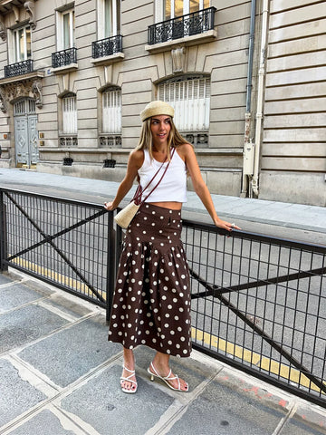 High Waisted Polka Dot Midi Skirt