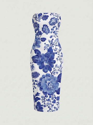 MAIA Floral Print Strapless Sheath Midi Dress