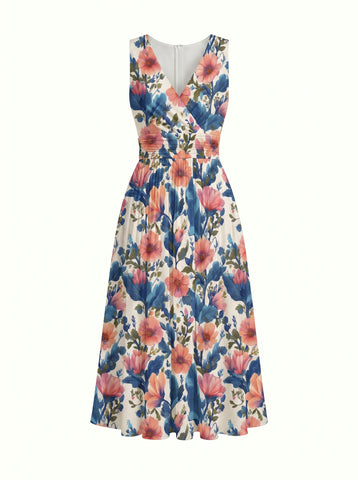 CORINNE
Floral Print V Neck A Line Midi Dress