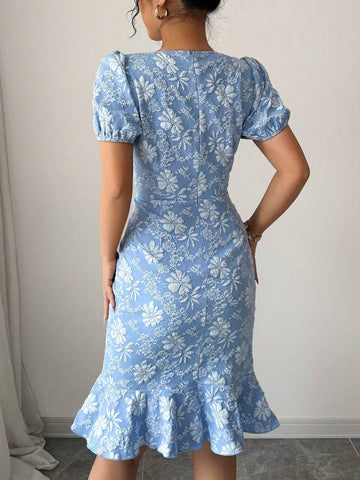 Floral Embroidered Ruffle Hem Dress