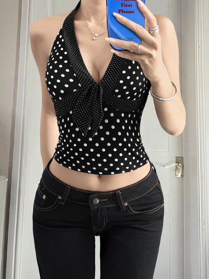 Polka Dot Tie Front Halter Tank