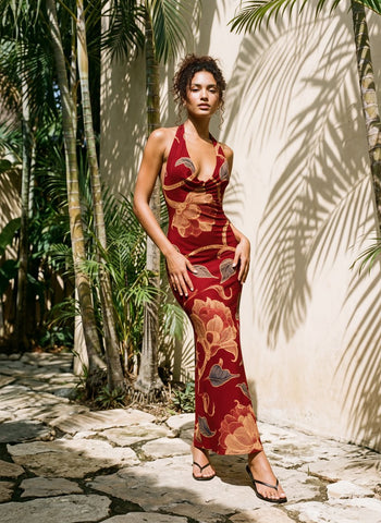 LILA Floral Print Cowl Neck Bodycon Midi Dress
