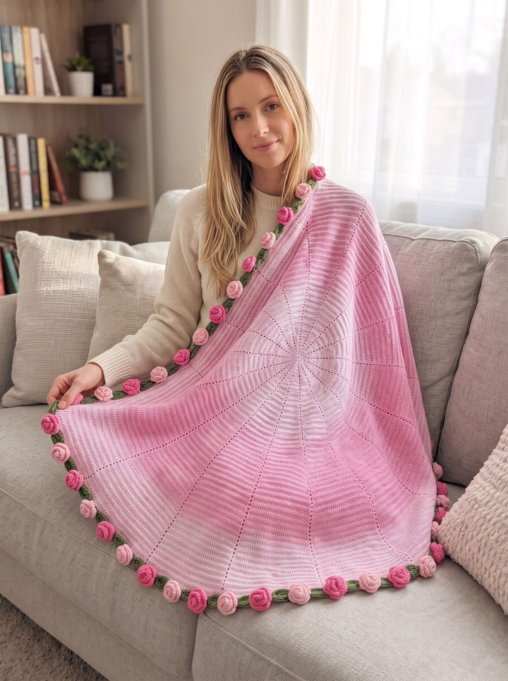Cozy Floral Hand Knitted Blanket