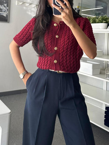 Cable Knit Short-Sleeved Casual Cardigan