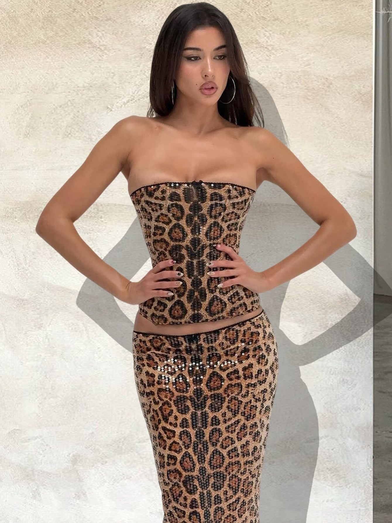 Sexy Leopard Corset Midi Skirt Set