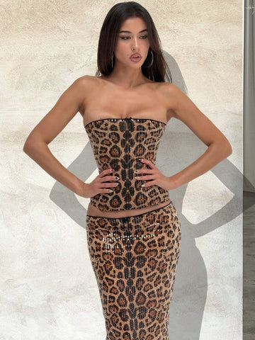 Sexy Leopard Corset Midi Skirt Set