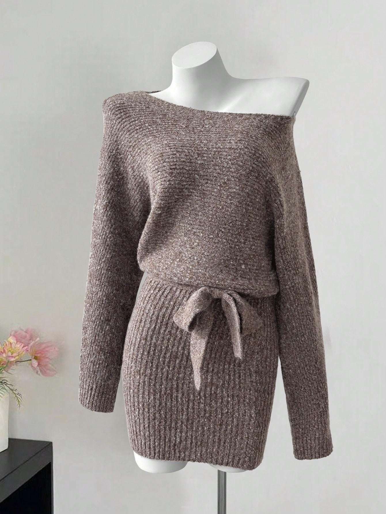 Off Shoulder Belted Knit Dress