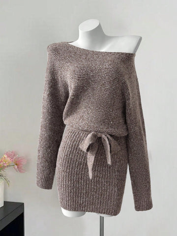 Off Shoulder Belted Knit Dress