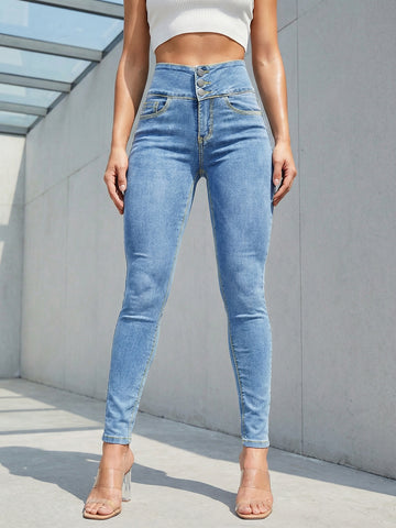 High-Waisted Skinny Daily Jeans-Light Blue