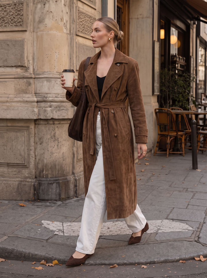 Brown Suede Belted Trench Coat