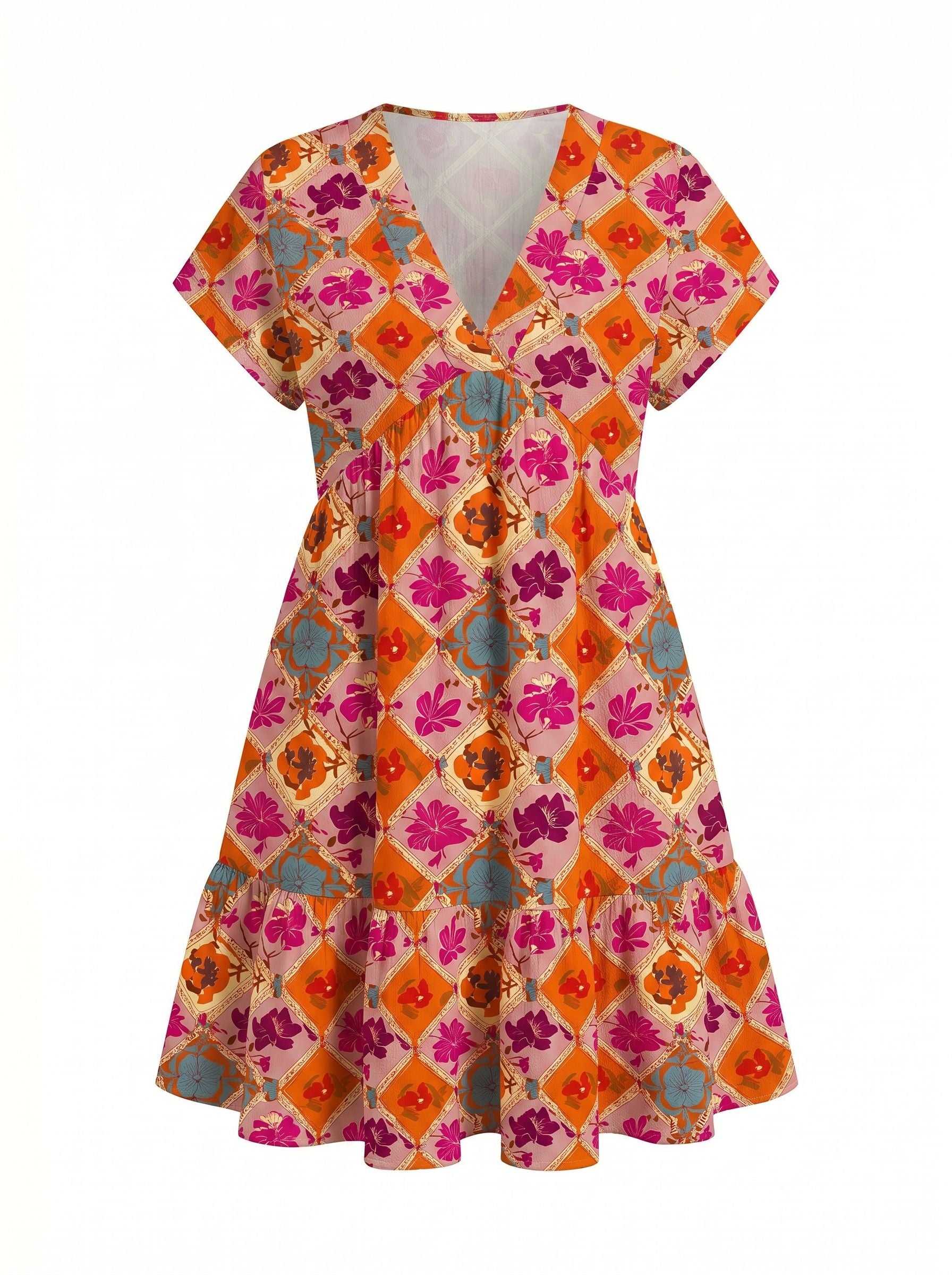 EVA Floral Print V Neck Tiered Babydoll Mini Dress