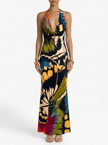 Floral Print Cowl Neck Bodycon Maxi Dress