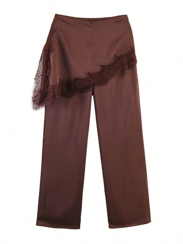 Lace Trim Satin Wide Leg Pants