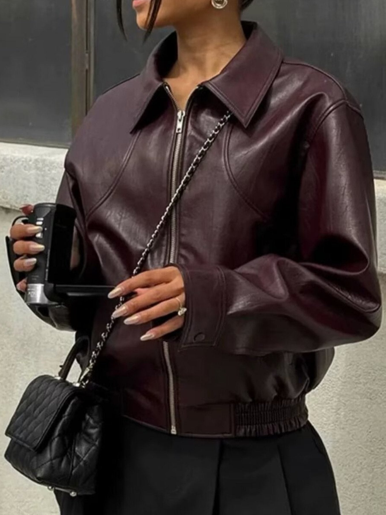 Burgundy Cropped Faux Leather Bomber Jacket