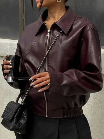 Burgundy Cropped Faux Leather Bomber Jacket
