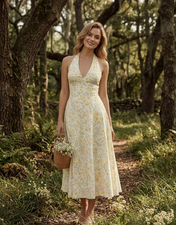 AURELIA Floral Print Halter Neck Tie Back Midi Dress