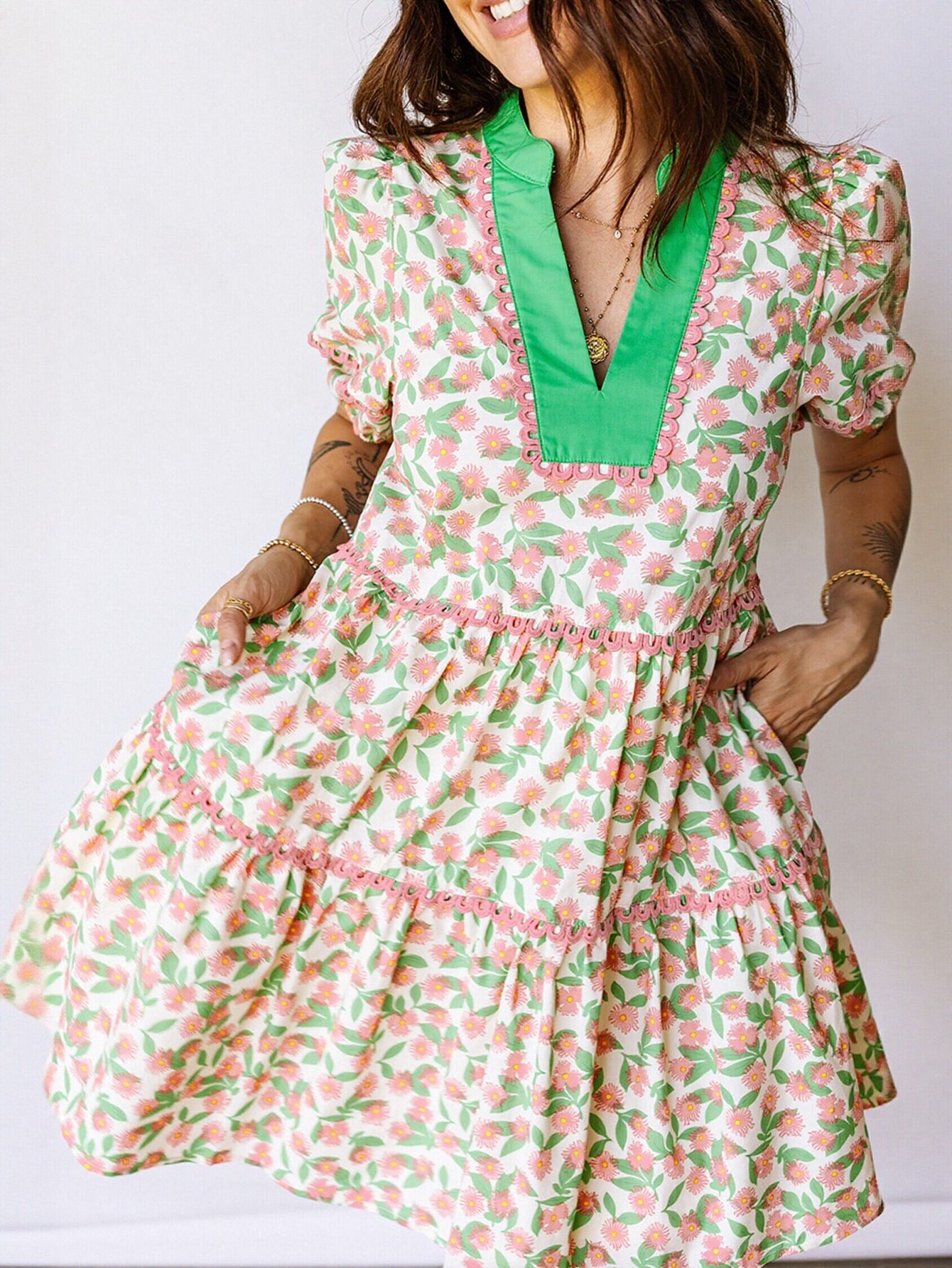 Floral Green Trim Mini Dress