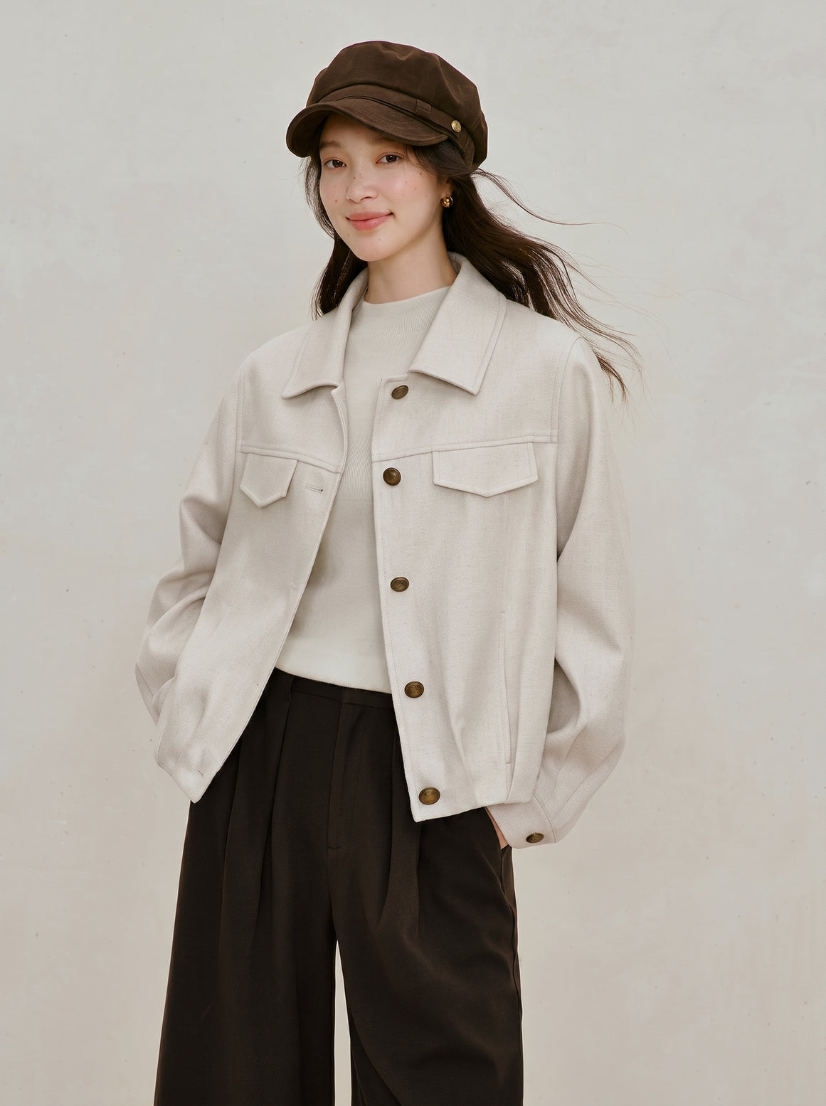 Textured Pleated Hem Button Up Jacket